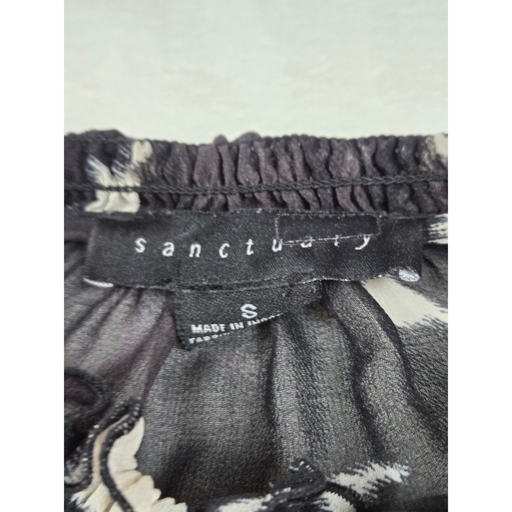 Sanctuary Abstract Animal Print Smocked Neck Balloon Sleeve Blouse Black Gray S - Picture 6 of 7